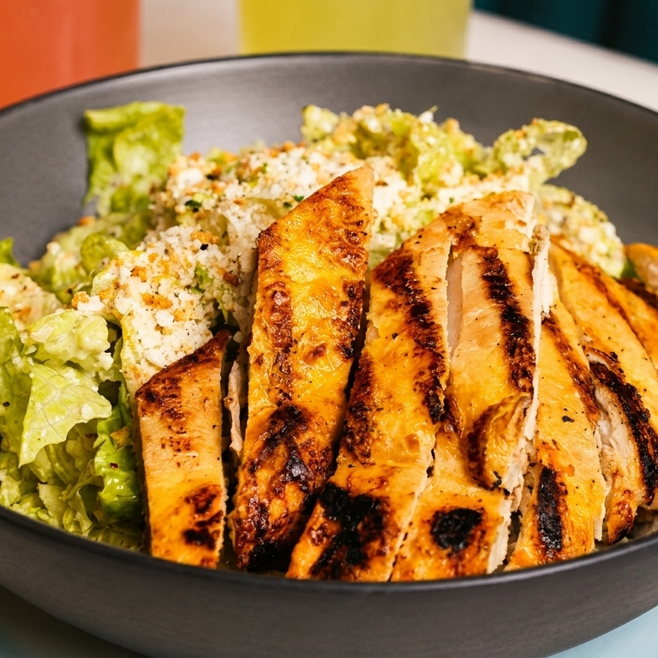 Grilled chicken Caesar salad in a dark bowl with drinks in the background.