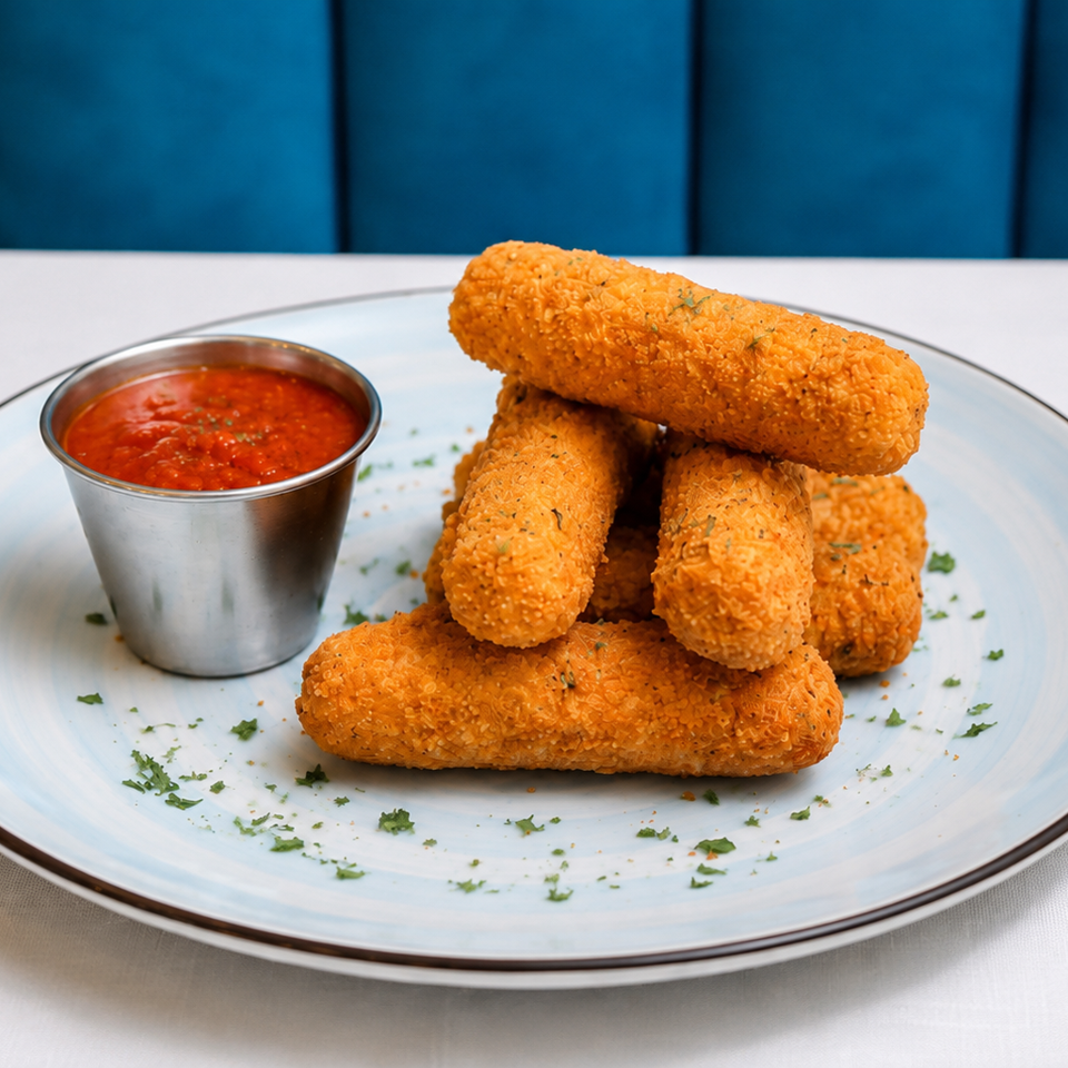 Golden-brown mozzarella sticks with a side of marinara sauce on a light blue plate.