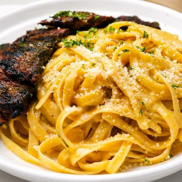 Fettuccine Alfredo with grilled steak, garnished with parsley and parmesan cheese in a white bowl.