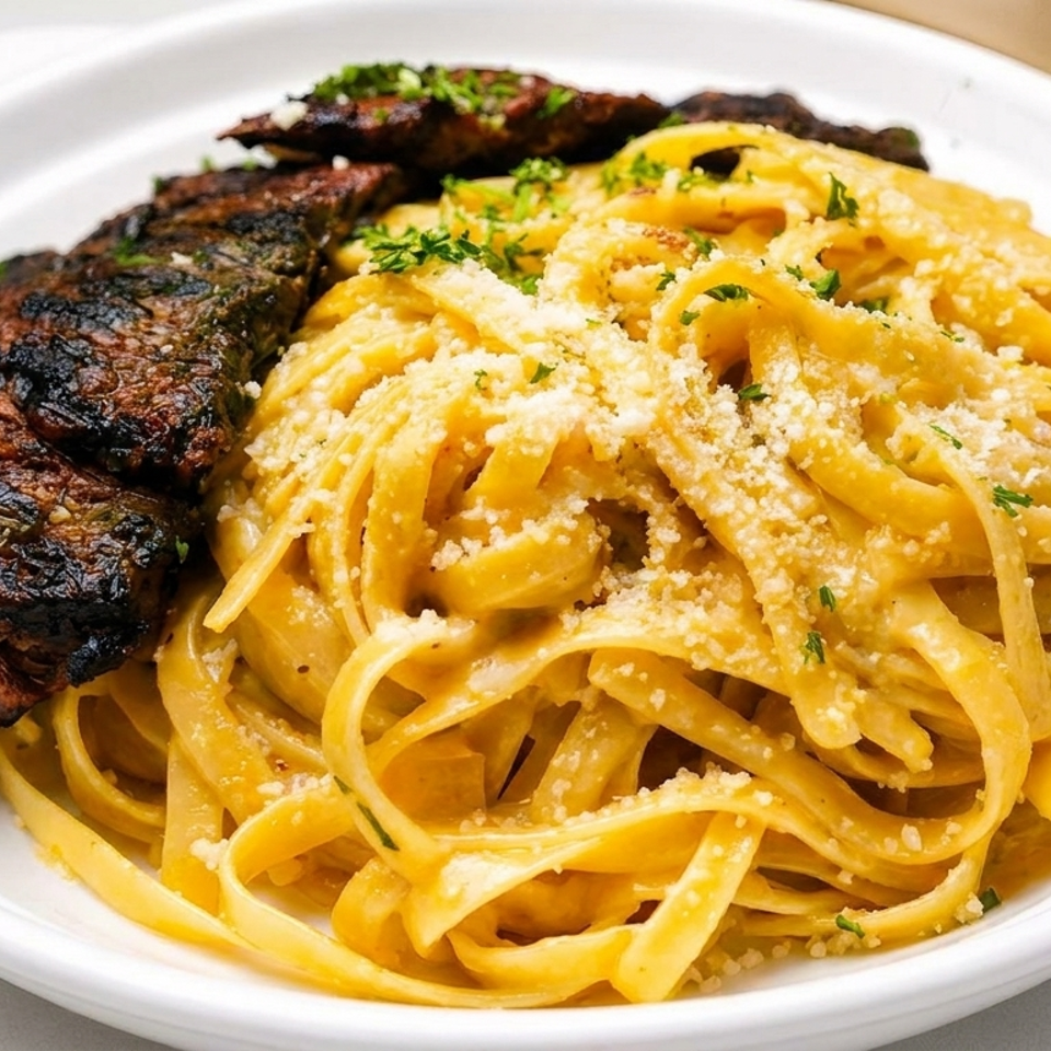 Fettuccine Alfredo with grilled steak, garnished with parsley and parmesan cheese in a white bowl.
