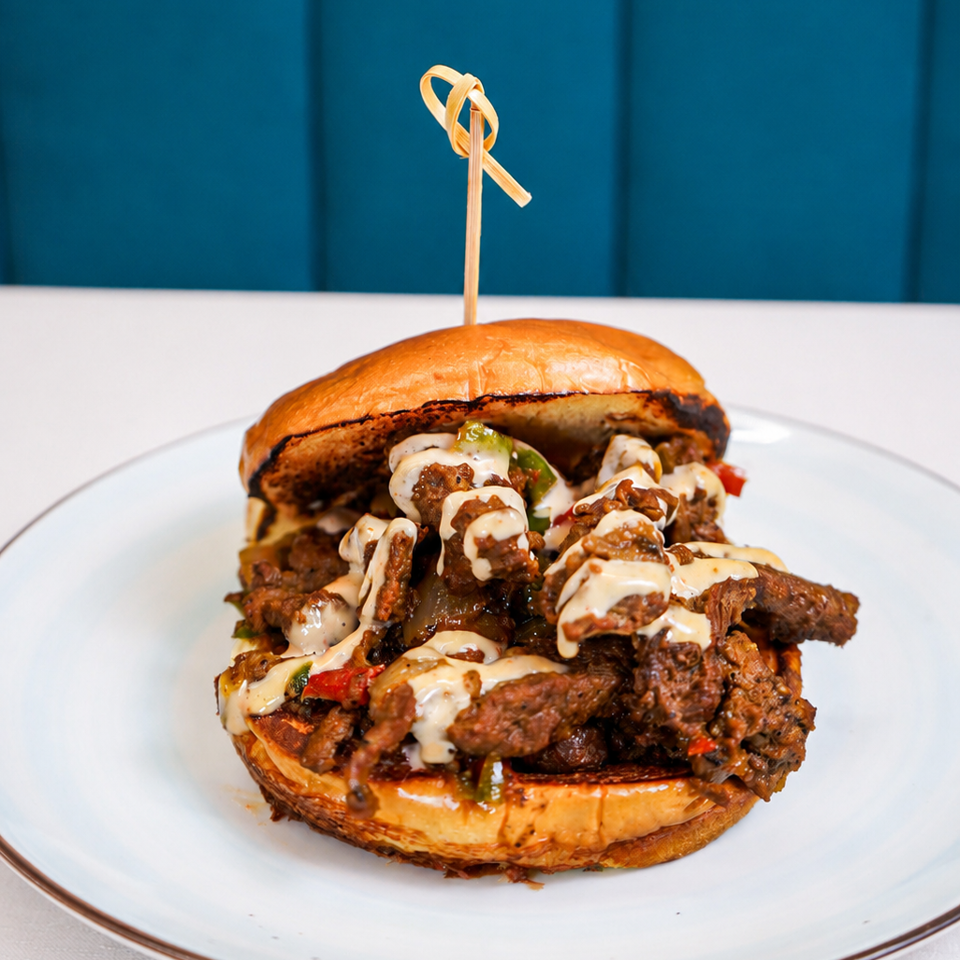A large, juicy cheesesteak sandwich with melted cheese and peppers on a toasted bun.