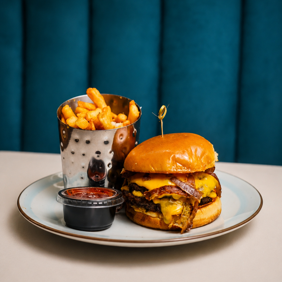A double cheeseburger with bacon, caramelized onions, fries in a metal cup, and dipping sauce.