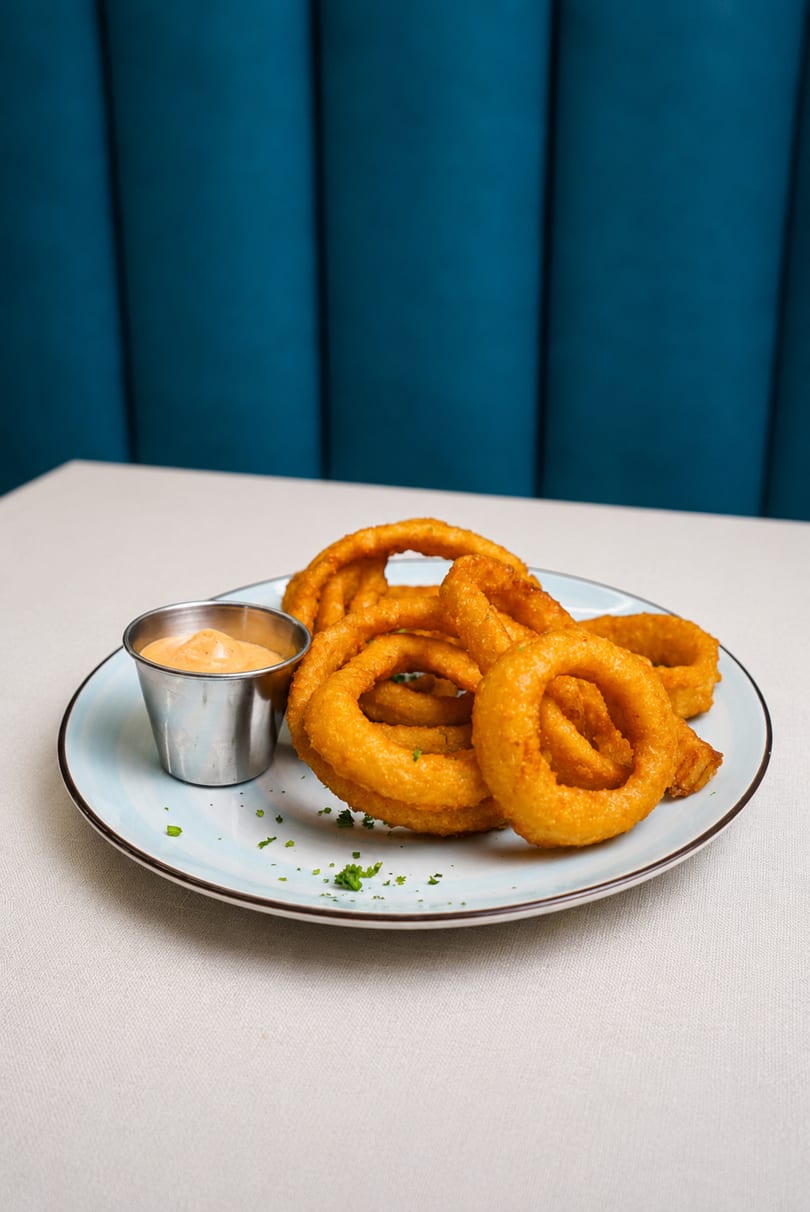 Golden-brown onion rings with a side of dipping sauce on a light blue plate.
