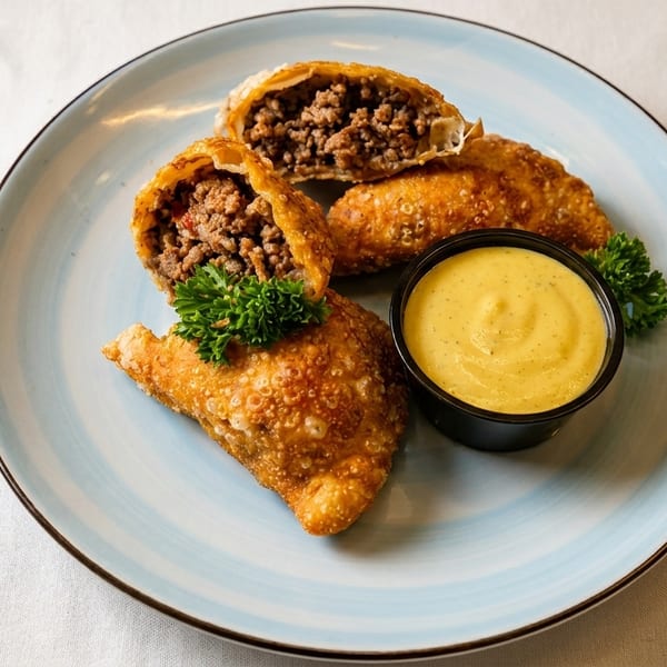 Golden-brown empanadas, one cut open to show ground beef filling, with a side of yellow dipping sauce.