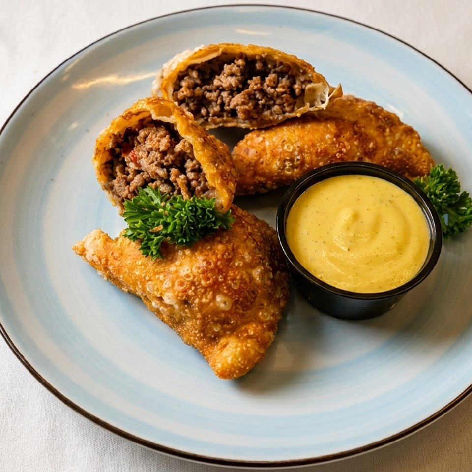 Golden-brown empanadas, one cut open to show ground beef filling, with a side of yellow dipping sauce.