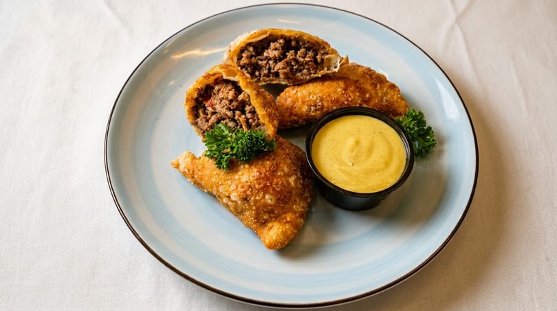 Golden-brown empanadas, one cut open to show ground beef filling, with a side of yellow dipping sauce.