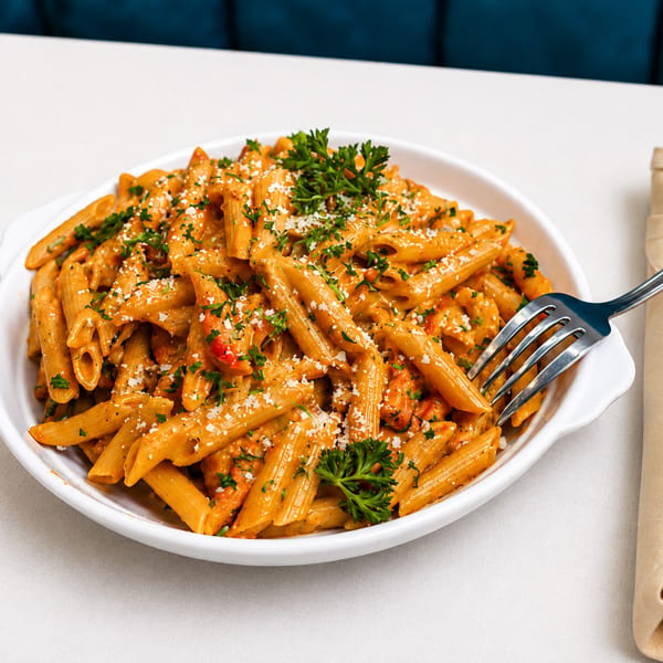 Penne pasta with creamy tomato sauce, shrimp, parsley, and parmesan cheese in a white bowl.