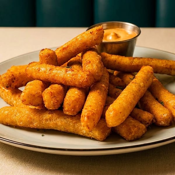 Golden-brown fried cheese sticks piled on a white plate with a side of dipping sauce.