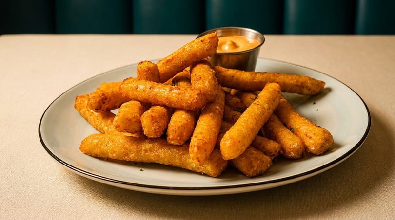 Golden-brown fried cheese sticks piled on a white plate with a side of dipping sauce.